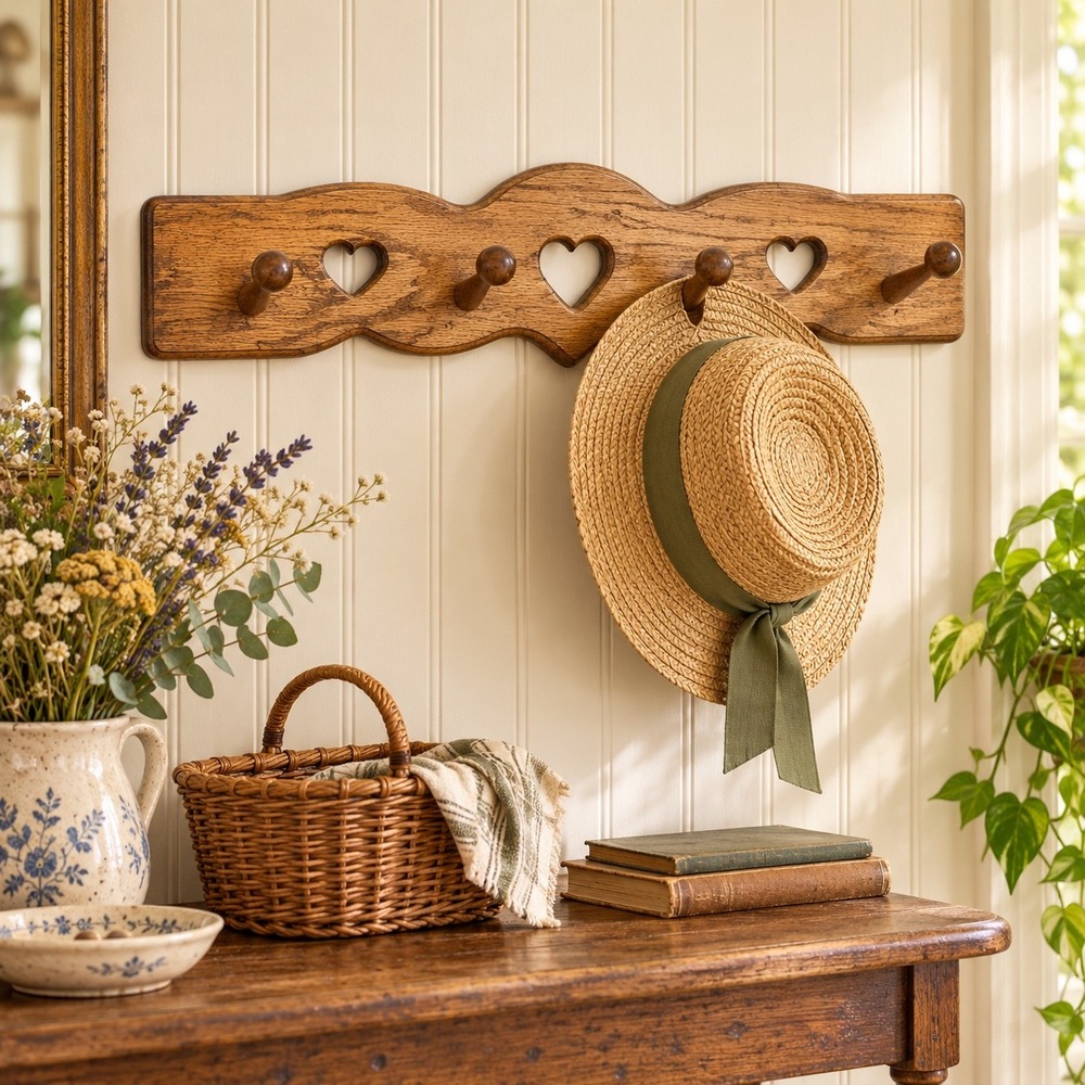 Vintage Solid Oak Heart Cutout Wall Mount Coat mud room 4 Peg 24" Cottagecore